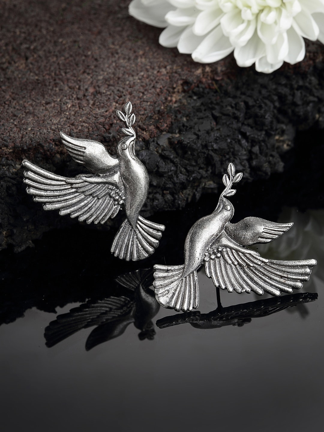 PANASH Oxidized Silver-Toned Birds Shaped Stud Earrings Price in India