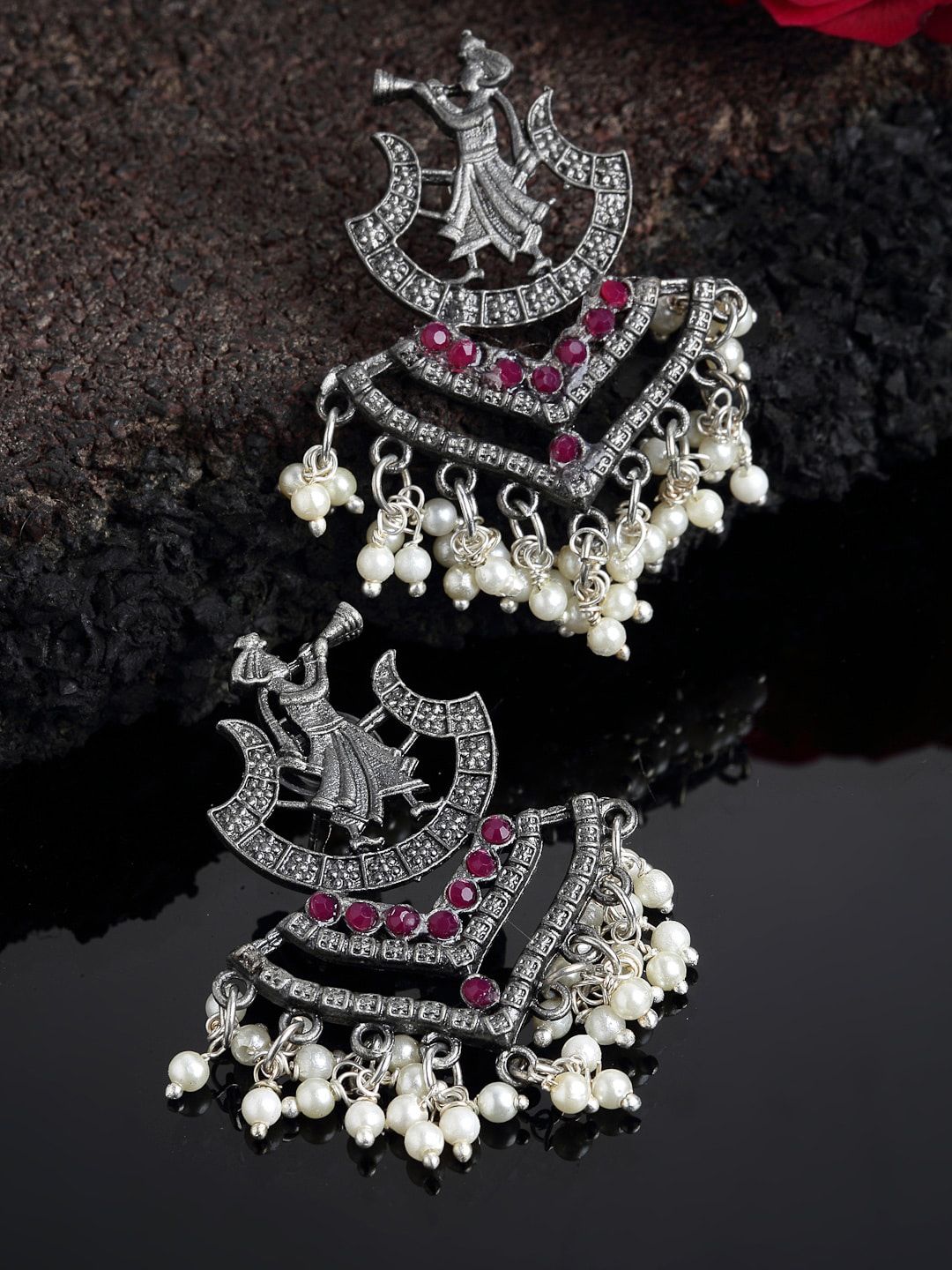 PANASH Oxidized Silver-Toned Contemporary Pearl Drop Earrings Price in India