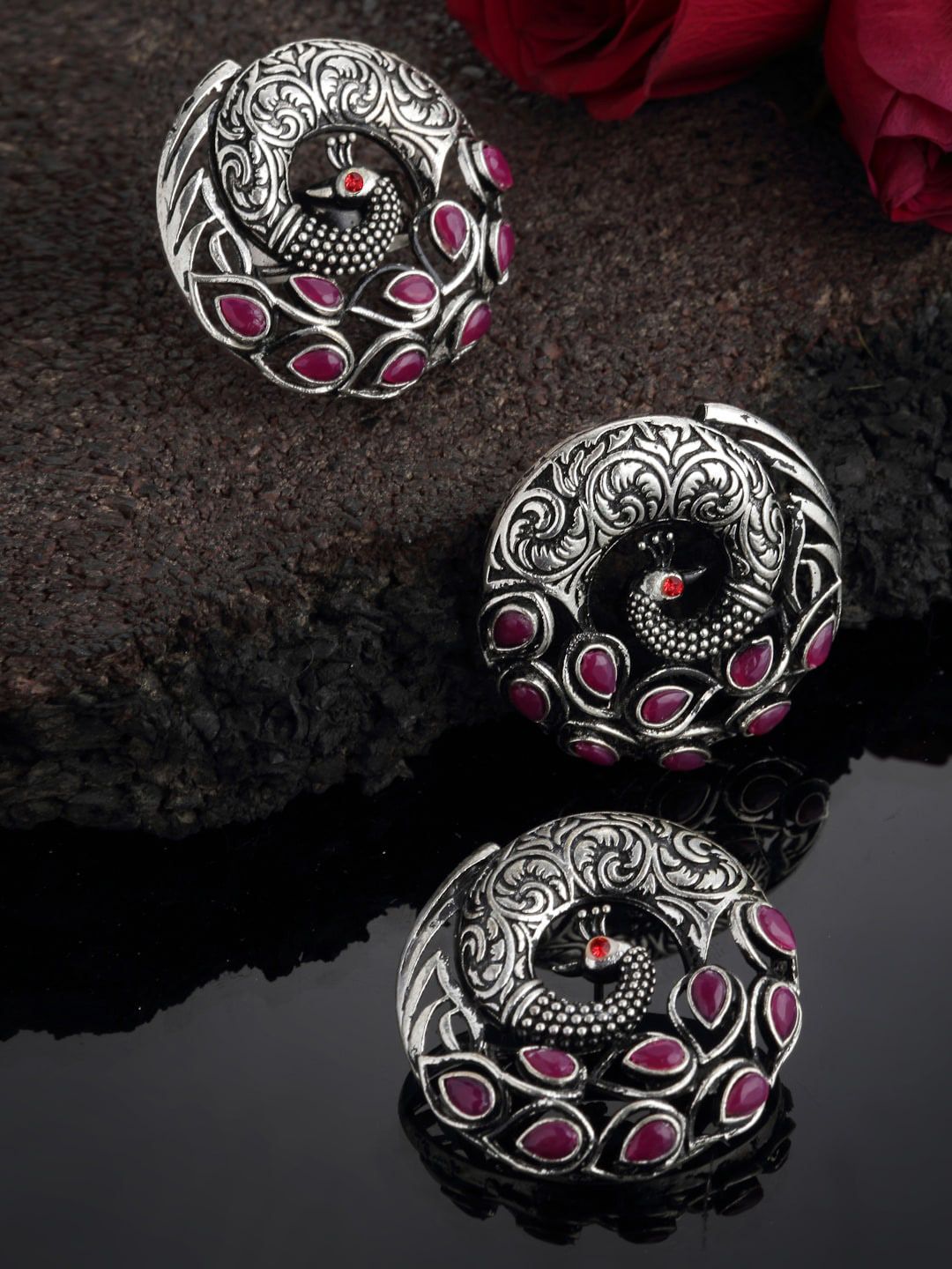 PANASH Silver-Toned Oxidized Peacock Shaped Stud Earrings with Finger Ring Price in India