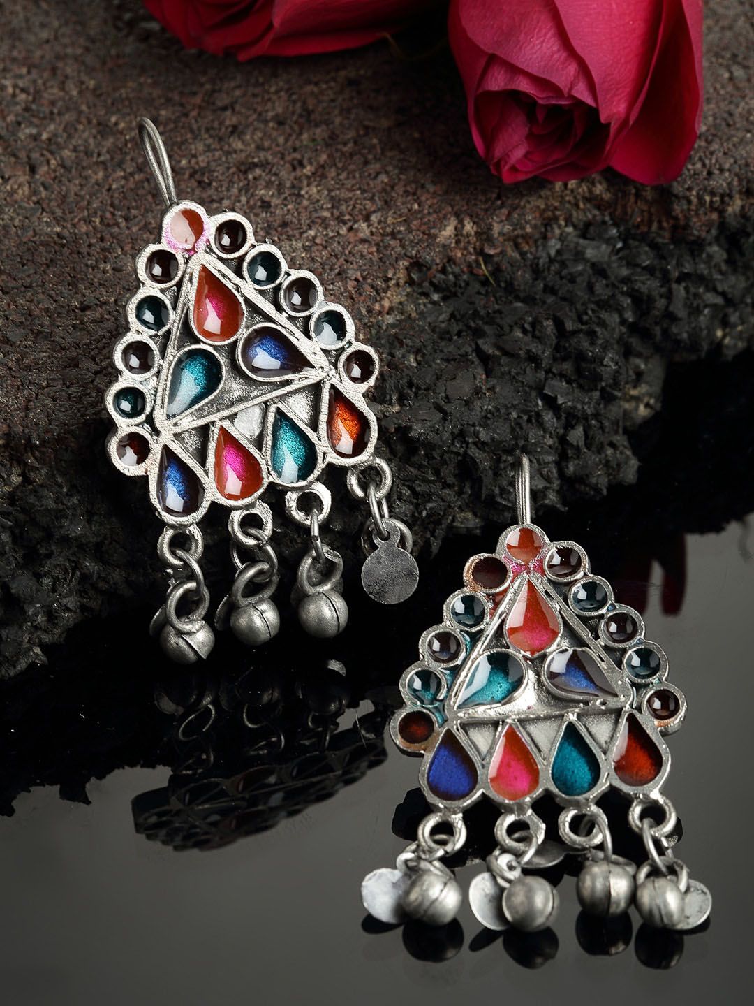 PANASH Oxidized Silver-Toned Multicoloured Enamelled Geometric Shaped Drop Earrings Price in India