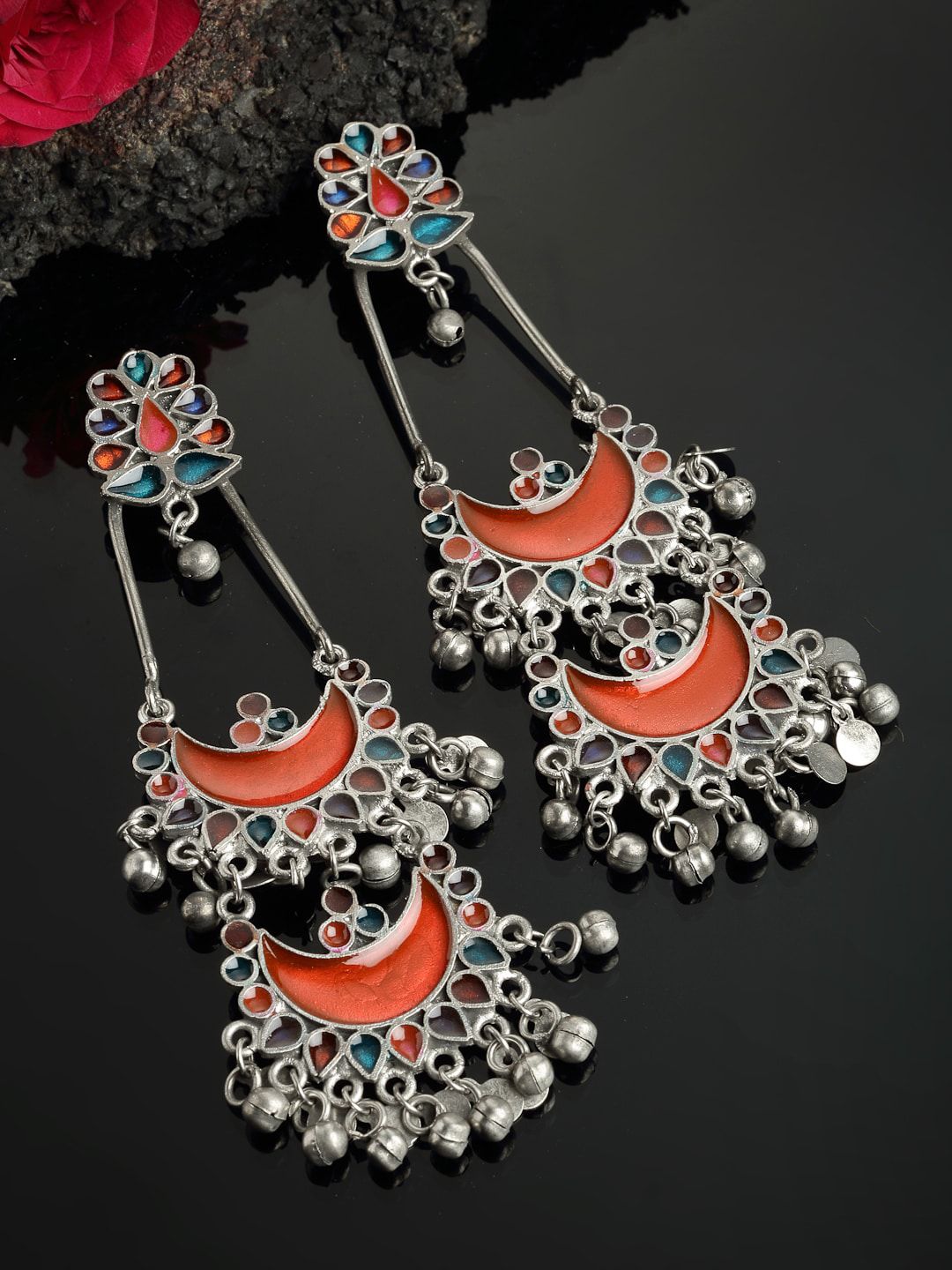 PANASH Silver-Toned Oxidized Multicoloured Enamelled Crescent Shaped Drop Earrings Price in India
