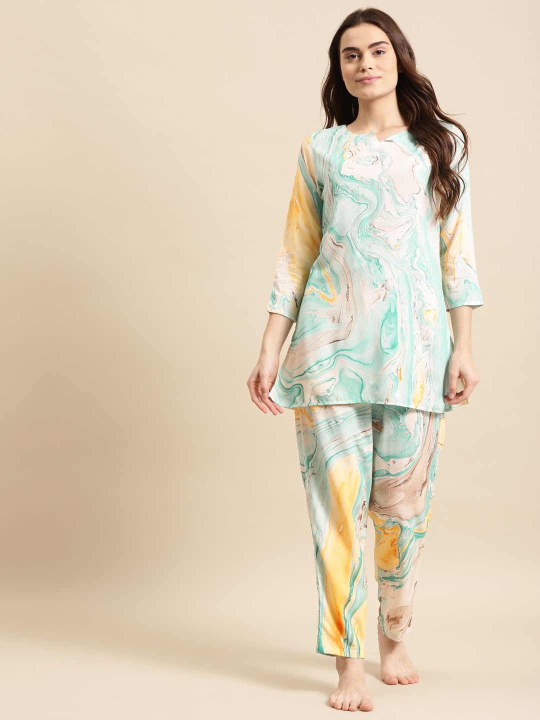 Prakrti Women Turquoise Blue & Yellow Printed Cotton Night suit Price in India