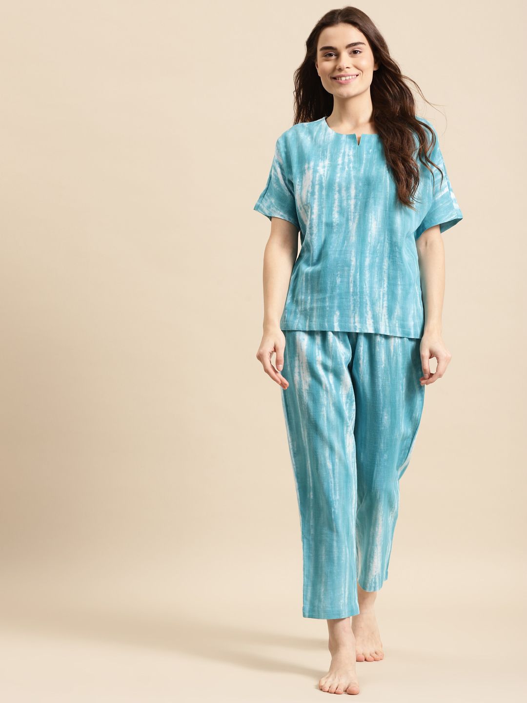 Prakrti Women Turquoise Blue Printed Cotton Night suit Price in India