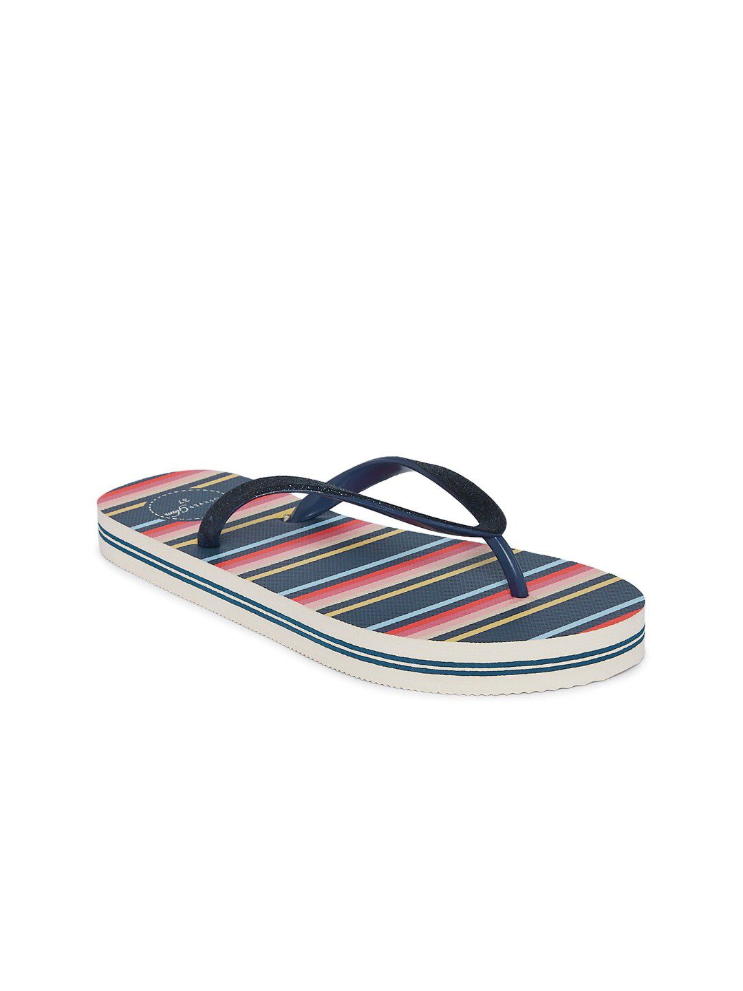 Forever Glam by Pantaloons Women Navy Blue & Pink Striped Thong Flip-Flops Price in India