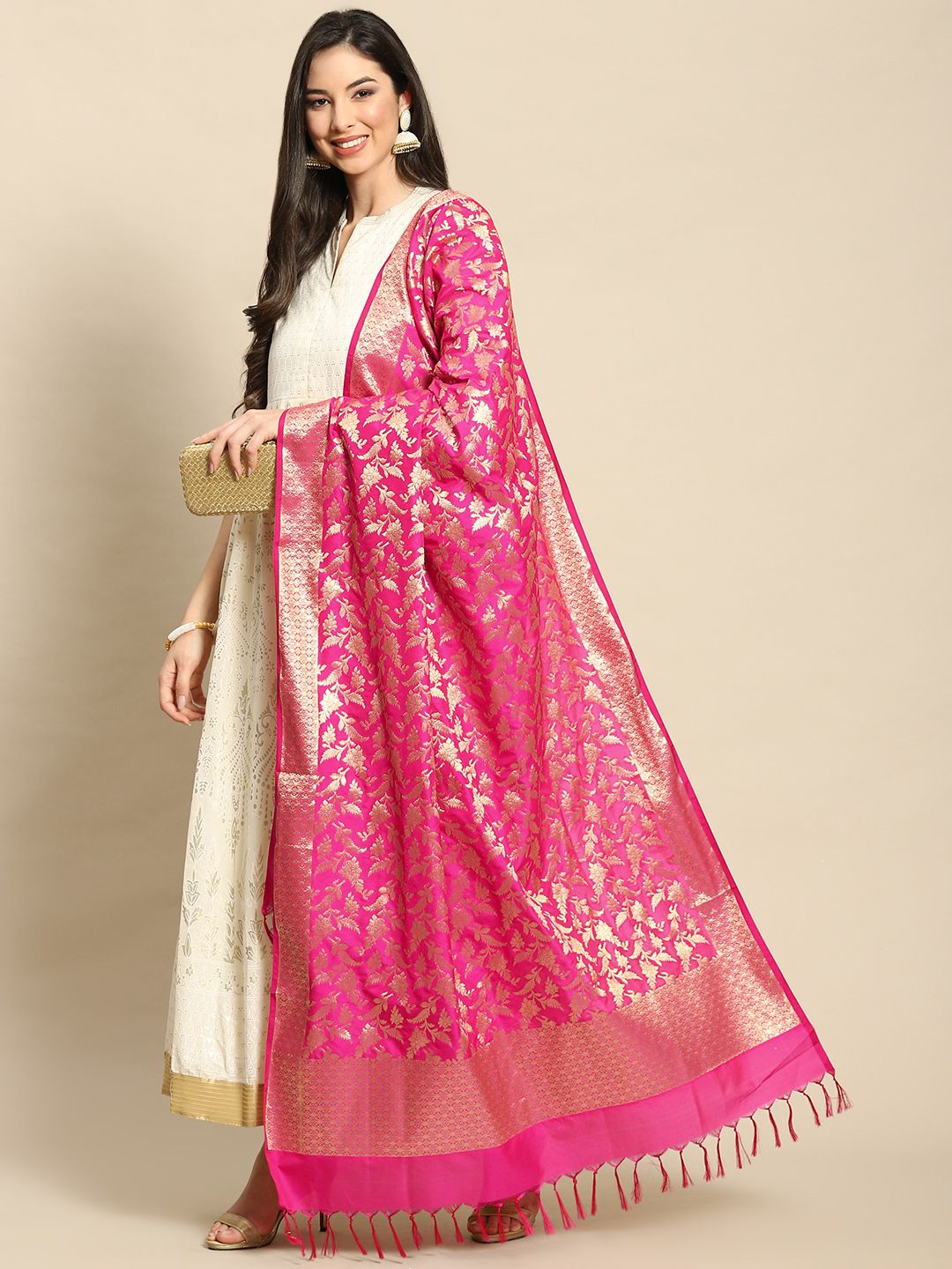 Banarasi Style Pink & Gold-Toned Ethnic Motifs Woven Design Art Silk Dupatta with Zari Price in India