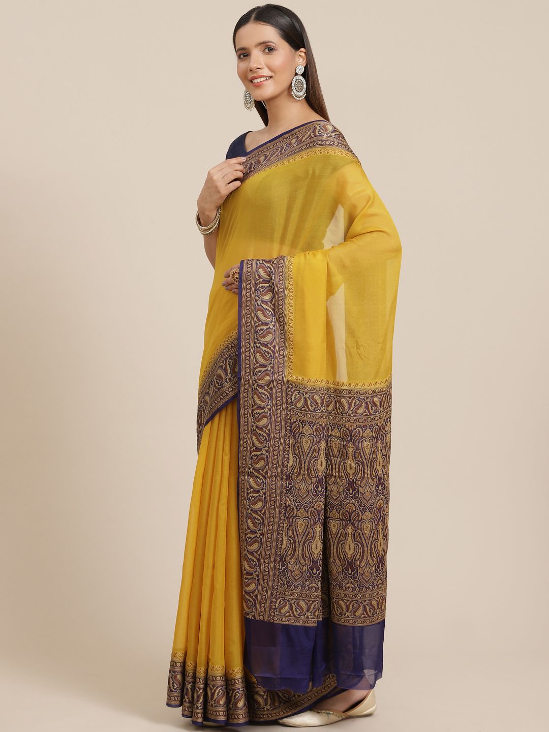 Banarasi Style Mustard & Navy Blue Woven Design Pure Chiffon Banarasi Saree Price in India