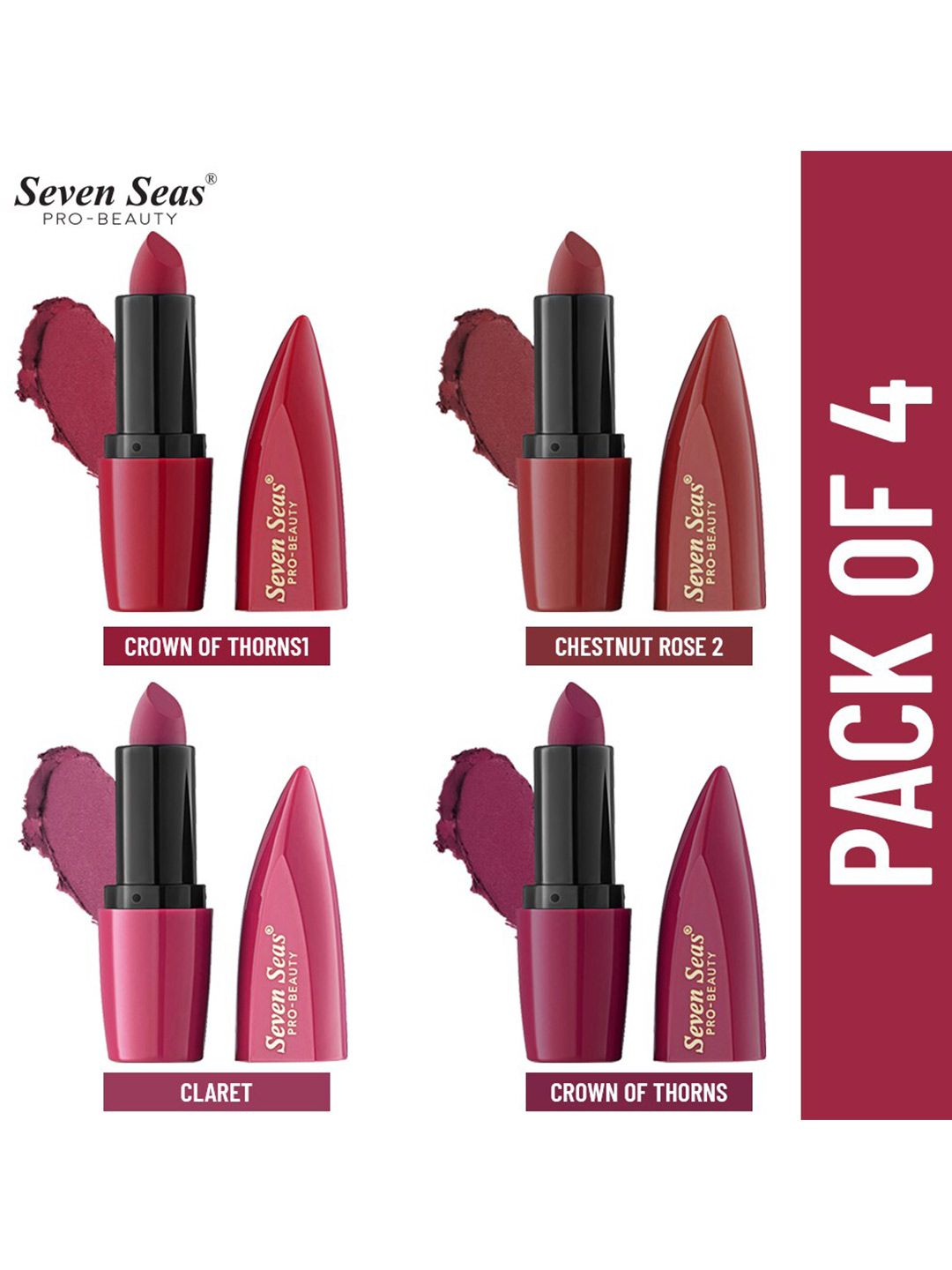 Seven Seas Pack of 4 Full Coverage Matte Lipstick, 3.8g each Price in India