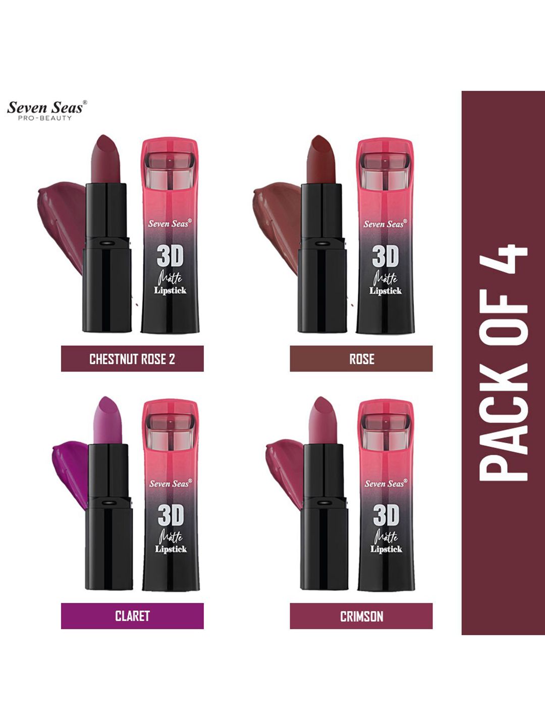 Seven Seas Pack Of 4 3D Matte Lipstick Full Coverage Price in India