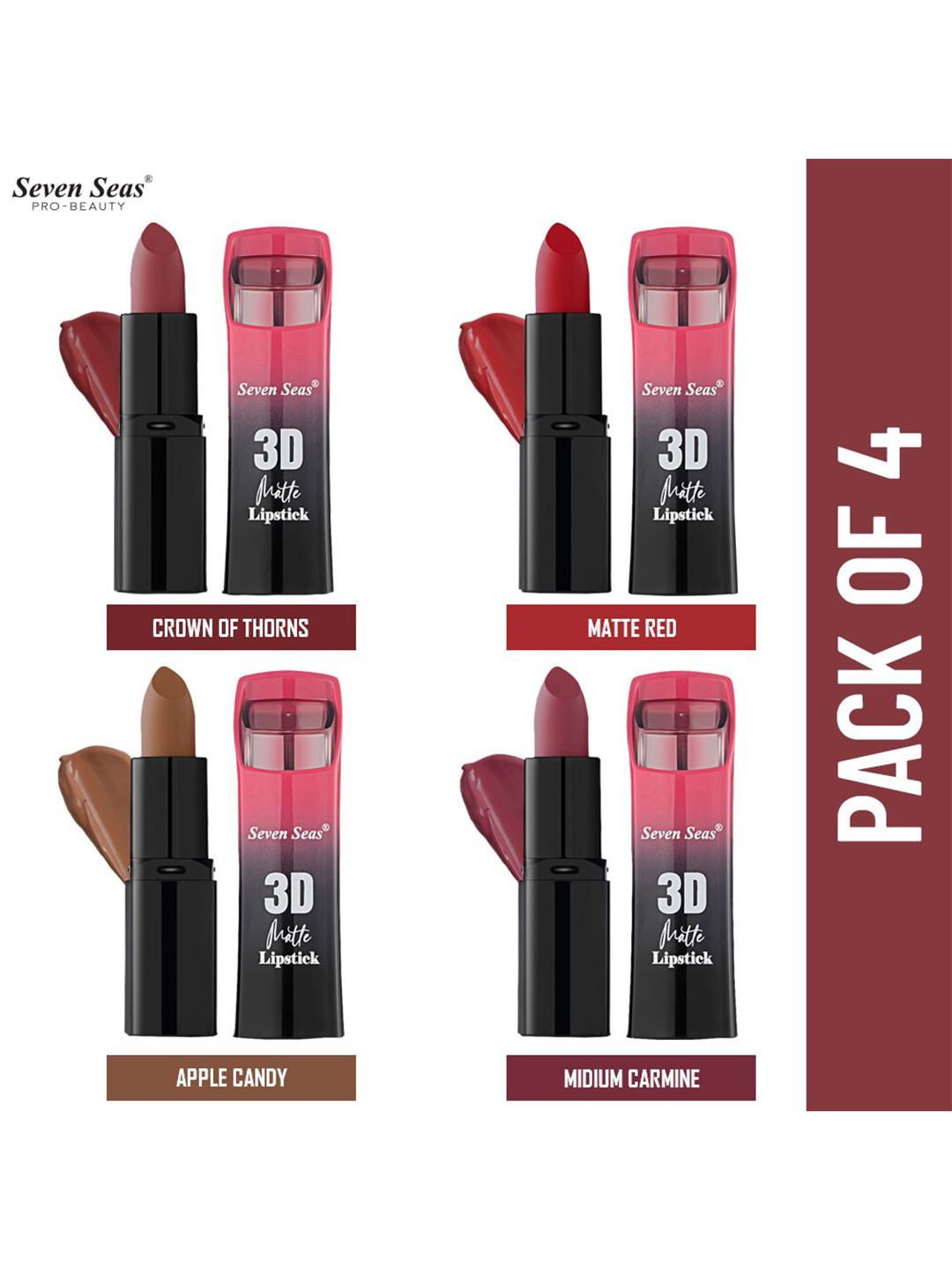 Seven Seas Pack Of 4 Full Coverage 3D Matte Lipstick Price in India