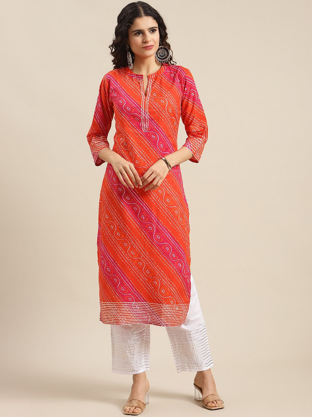 Varanga Women Orange Bandhani Motifs Printed Pure Cotton Kurta
