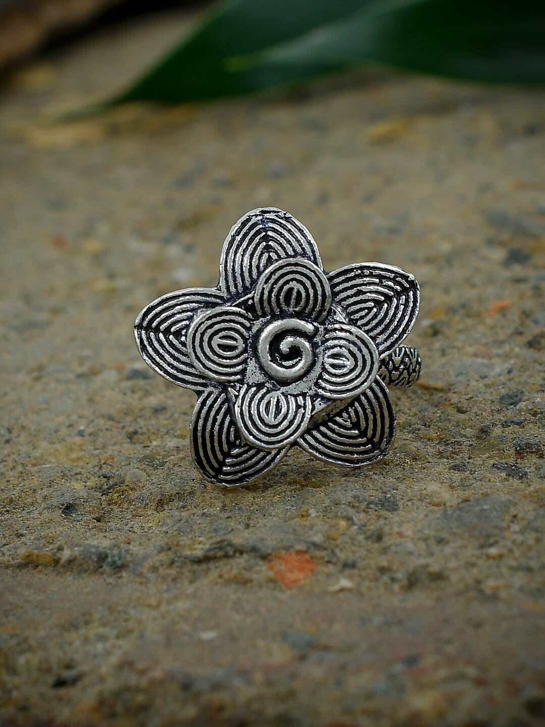 Silvermerc Designs Oxidised Silver-Plated Floral Adjustable Ring Price in India