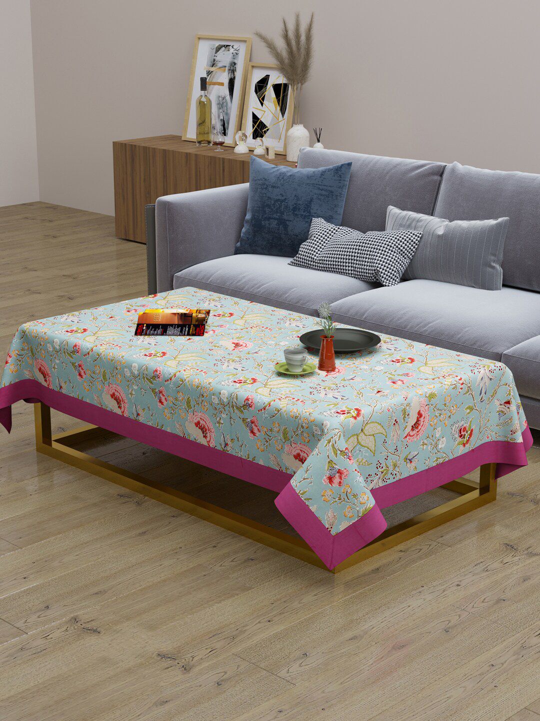 Clasiko Pink & Sea Green Floral Printed 2-Seater Rectangle Table Cover Price in India