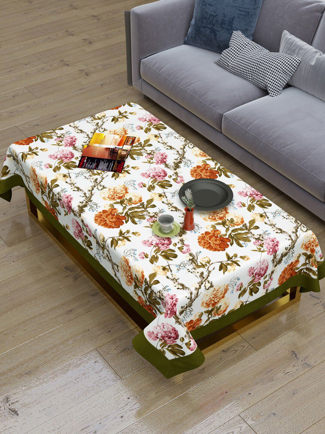 Clasiko Green & White  Floral Printed 2-Seater Rectangle Table Cover Price in India