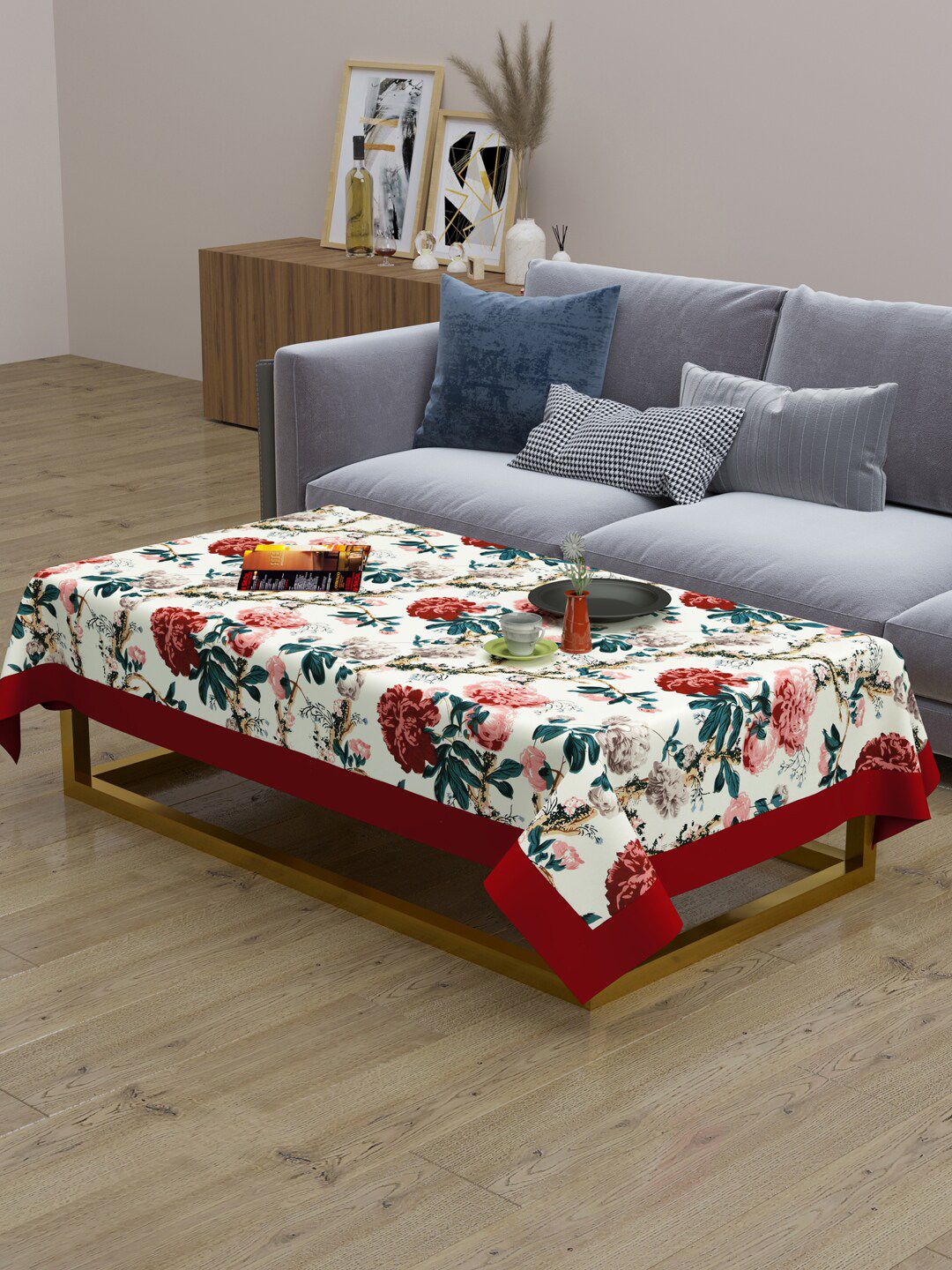 Clasiko Rust & White Floral Rectangular Pure Cotton Table Cover Price in India