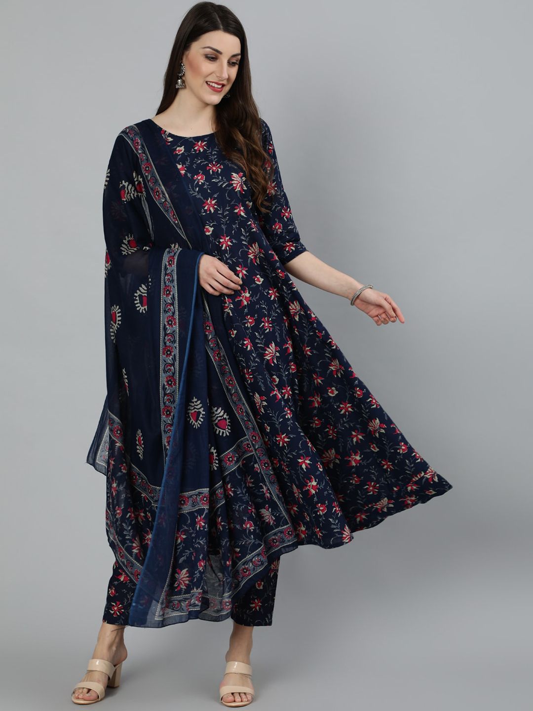 Nayo Women Navy Blue & Pink Floral Printed Pure Cotton Kurta with Trousers & With Dupatta Price in India