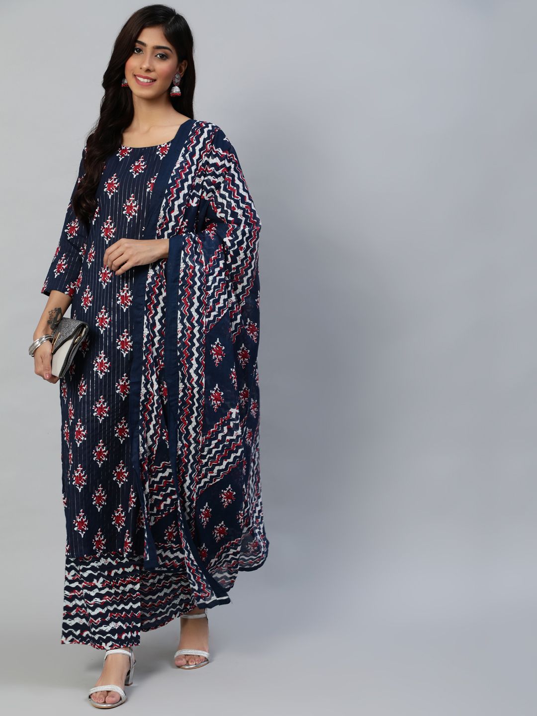 Nayo Women Blue & Red Ethnic Motifs Printed Pure Cotton Kurta with Palazzos & Dupatta Price in India