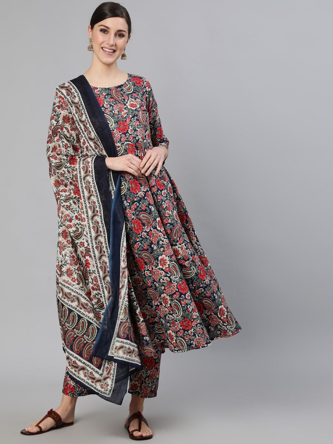 Nayo Women Multicoloured Paisley Printed Pure Cotton Kurta & Trousers With Dupatta Price in India