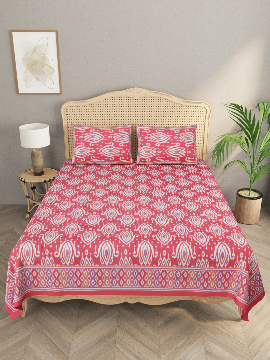 Gulaab Jaipur Orange & White Ethnic Motifs 600 TC King Bedsheet with 2 Pillow Covers Price in India