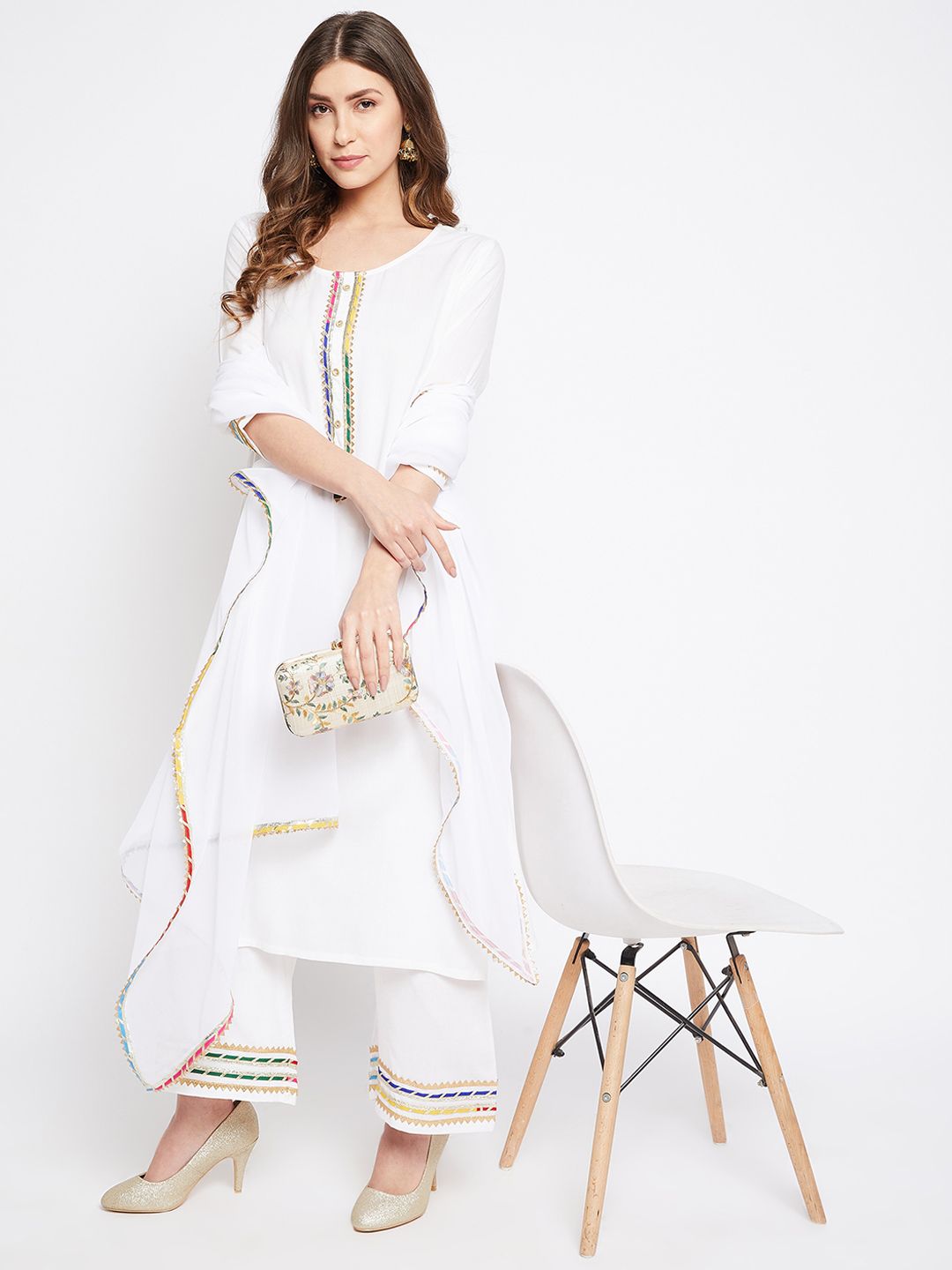 Bitterlime Women White Yoke Design Gotta Patti Kurta with Palazzos With Dupatta Price in India