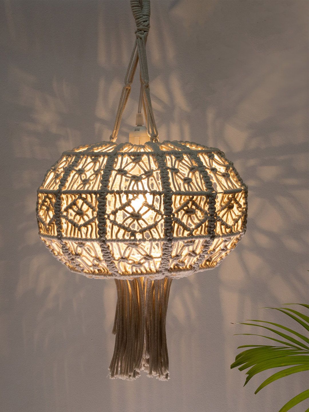 Homesake Beige Farmhouse Hand-Woven Chandelier Hanging Lamp with Boho Drum Pendant Price in India