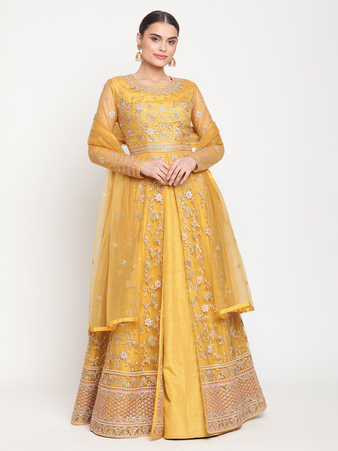 Stylee LIFESTYLE Yellow & Gold-Toned Embroidered Semi-Stitched Dress Material Price in India