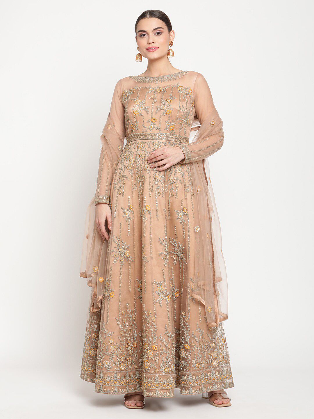 Stylee LIFESTYLE Beige & Silver-Toned Embellished Semi-Stitched Dress Material Price in India