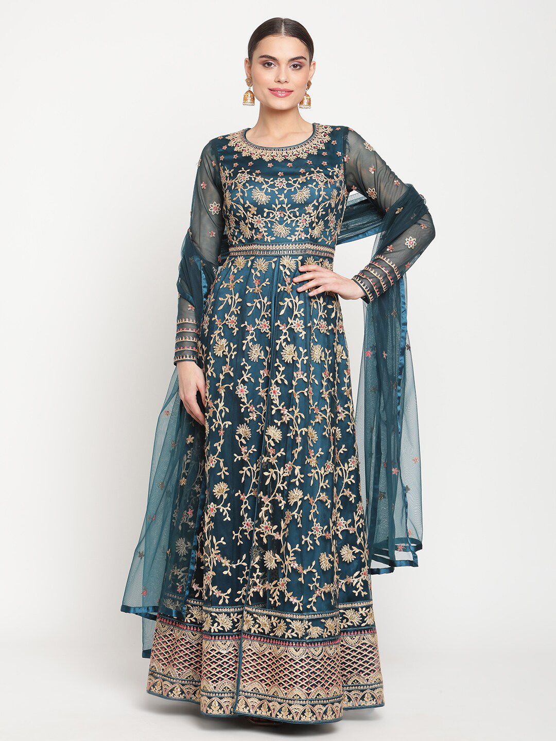 Stylee LIFESTYLE Teal & Gold-Toned Embroidered Semi-Stitched Dress Material Price in India