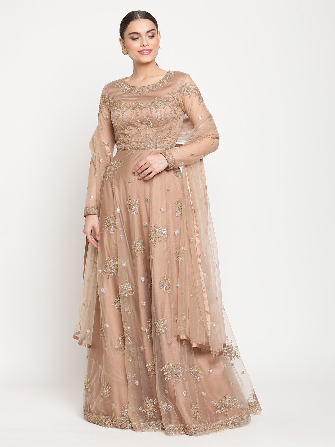 Stylee LIFESTYLE Beige & Silver-Toned Embroidered Semi-Stitched Dress Material Price in India