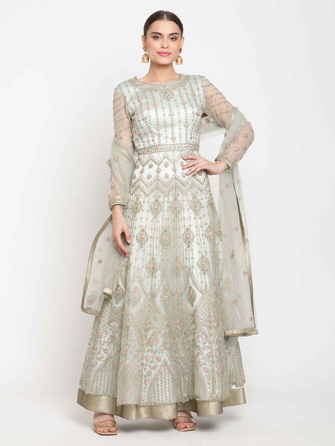 Stylee LIFESTYLE Turquoise Blue Net Embroidered Semi-Stitched Dress Material Price in India