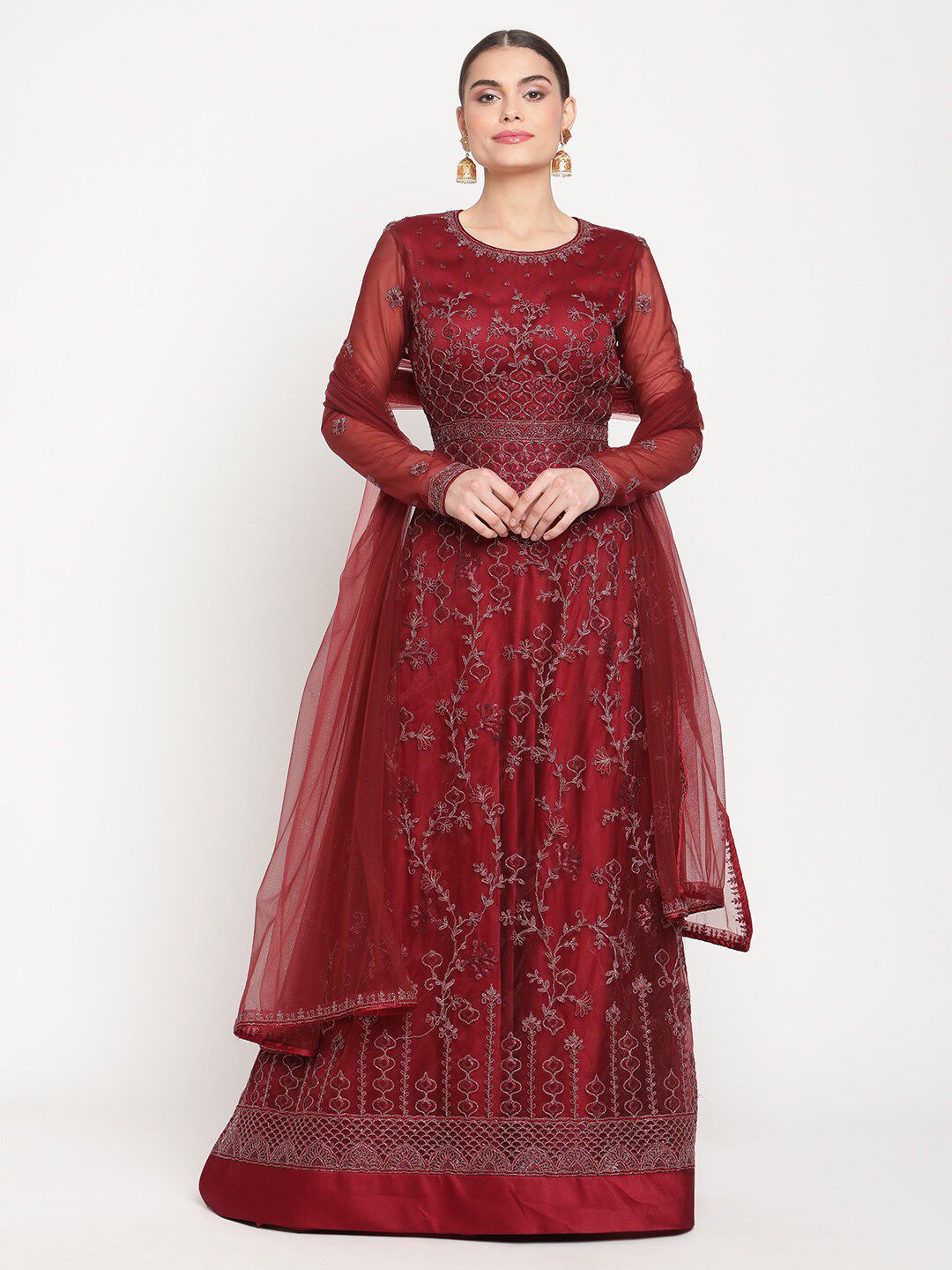 Stylee LIFESTYLE Women Maroon Embroidered Net Semi-Stitched Dress Material Price in India