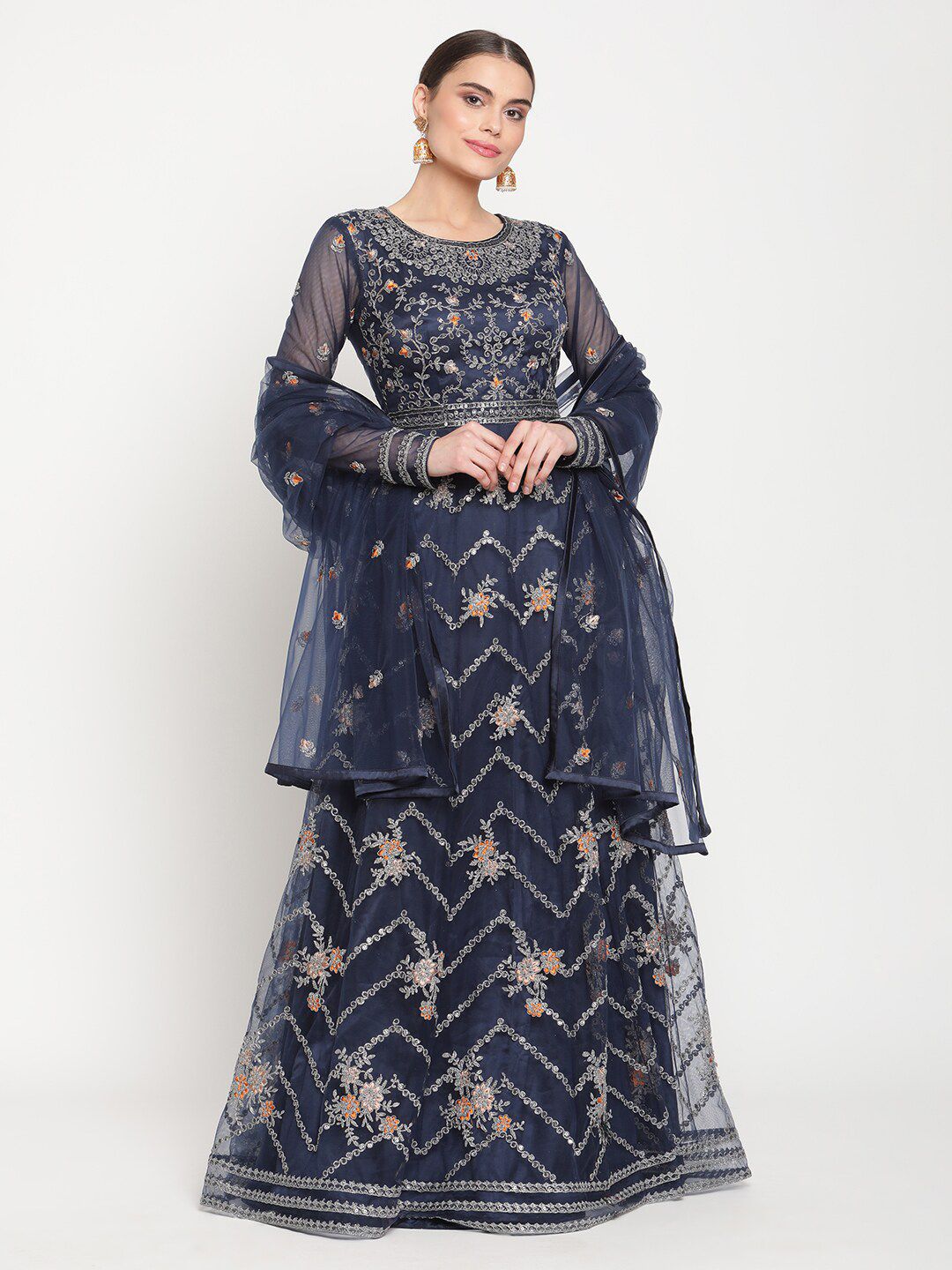 Stylee LIFESTYLE Navy Blue & Silver-Toned Embroidered Semi-Stitched Dress Material Price in India