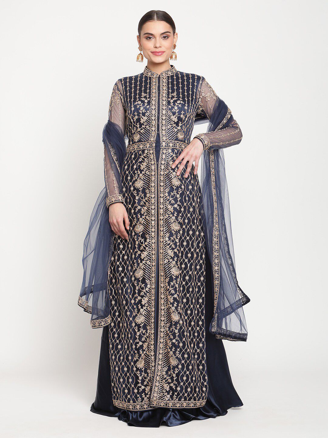 Stylee LIFESTYLE Navy Blue & Gold-Toned Embroidered Semi-Stitched Dress Material Price in India