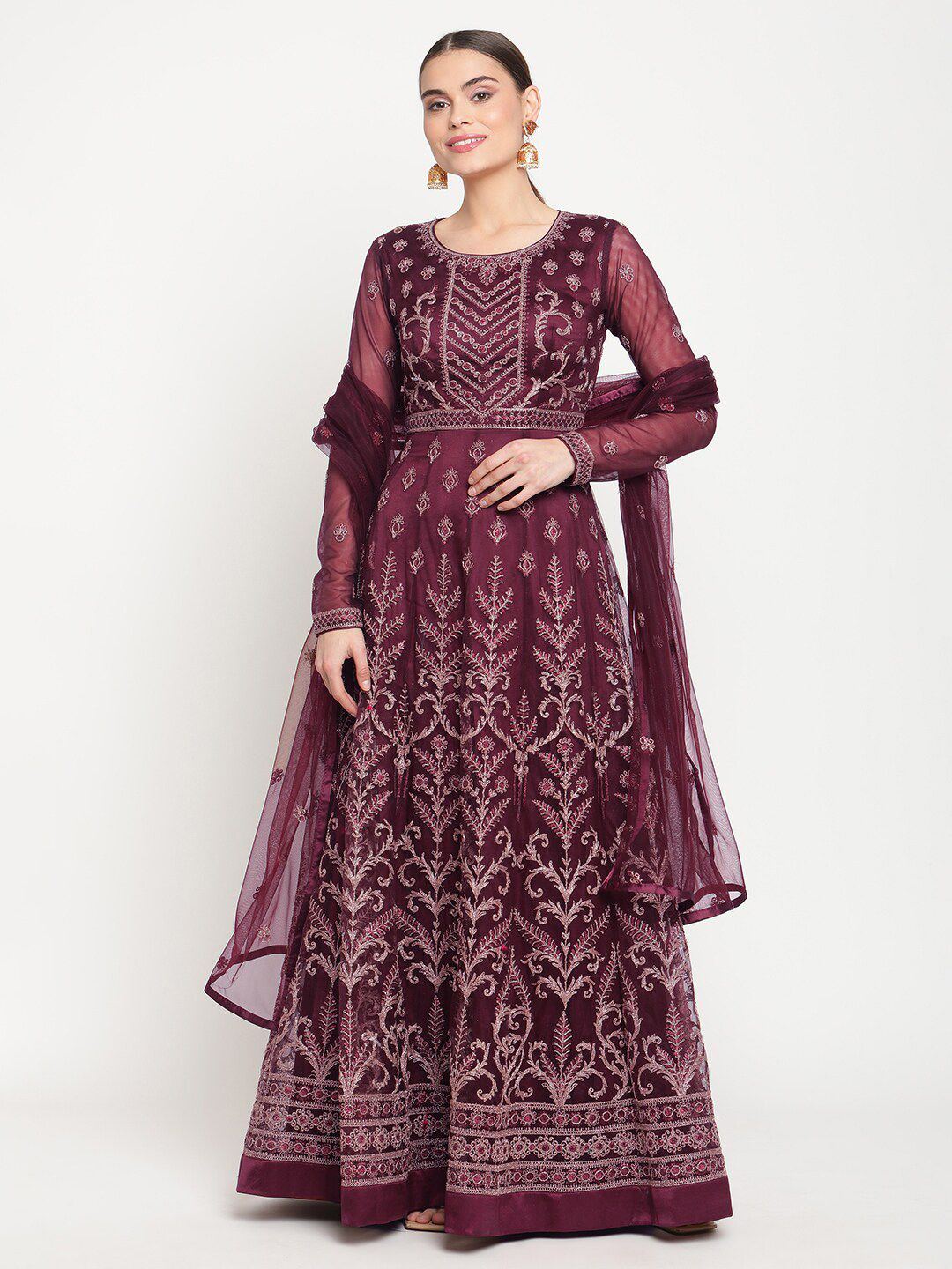 Stylee LIFESTYLE Burgundy & Silver-Toned Embroidered Semi-Stitched Dress Material Price in India