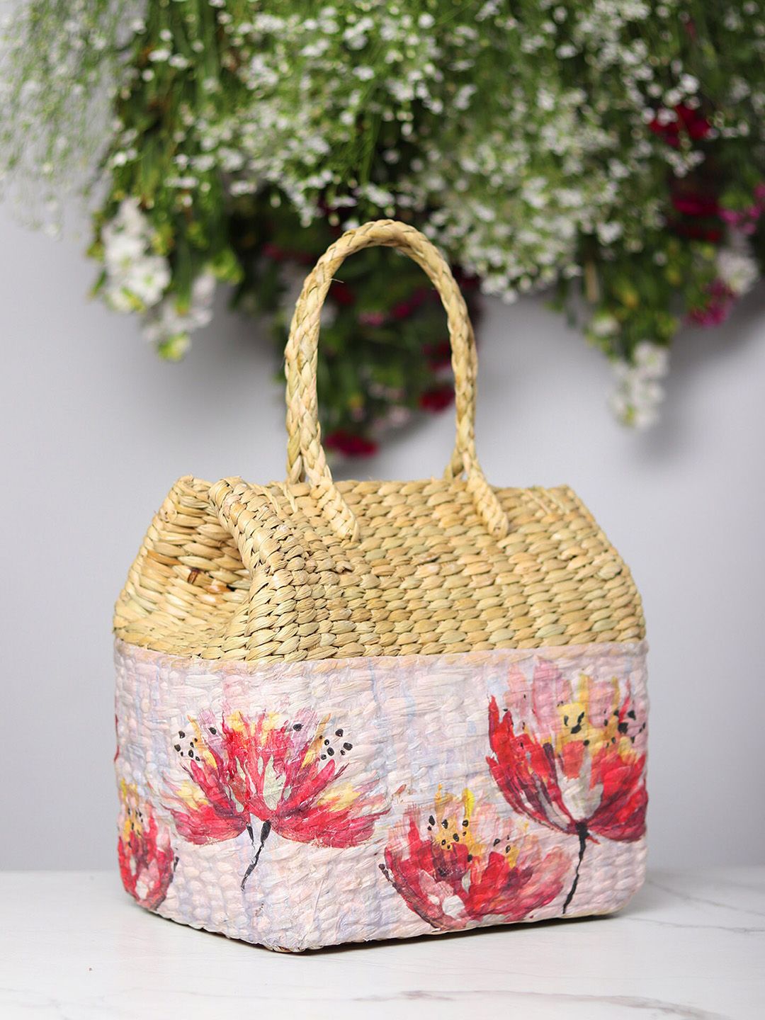 HABERE INDIA Pink & Beige Textured Grass Storage Basket Price in India
