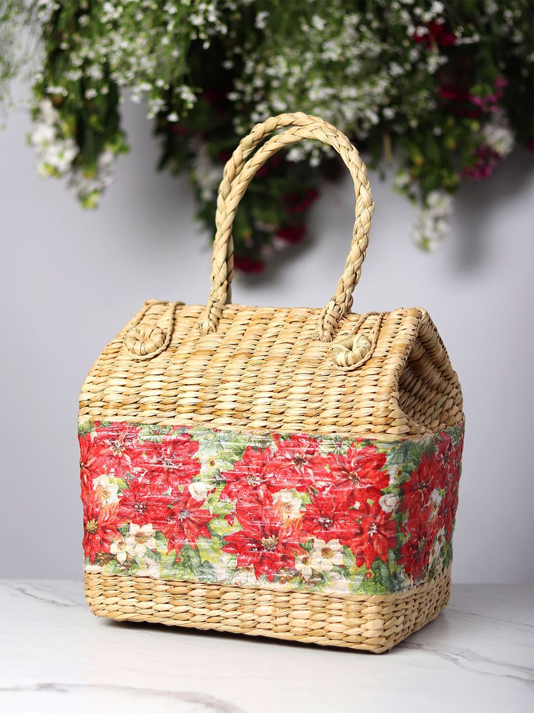 HABERE INDIA Red & Beige Printed Grass Storage Basket Price in India