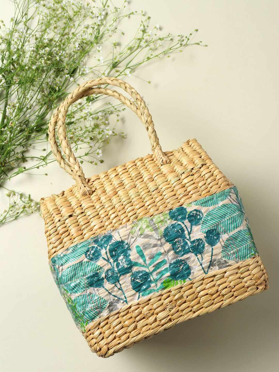 HABERE INDIA Green & Beige Floral Printed Handcrafted Straw Storage Basket Price in India