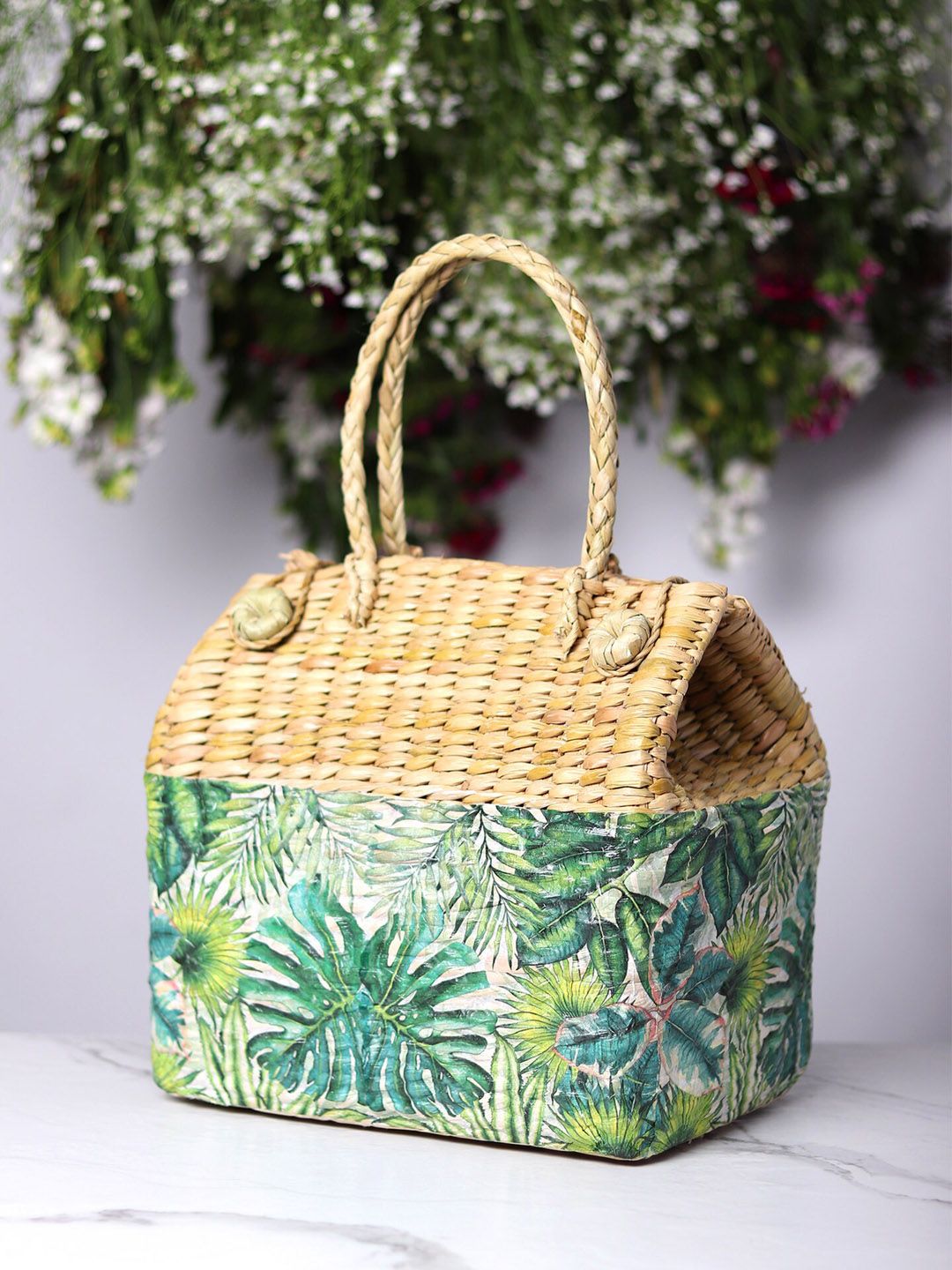 HABERE INDIA Green & Beige Printed Grass Storage Basket Price in India