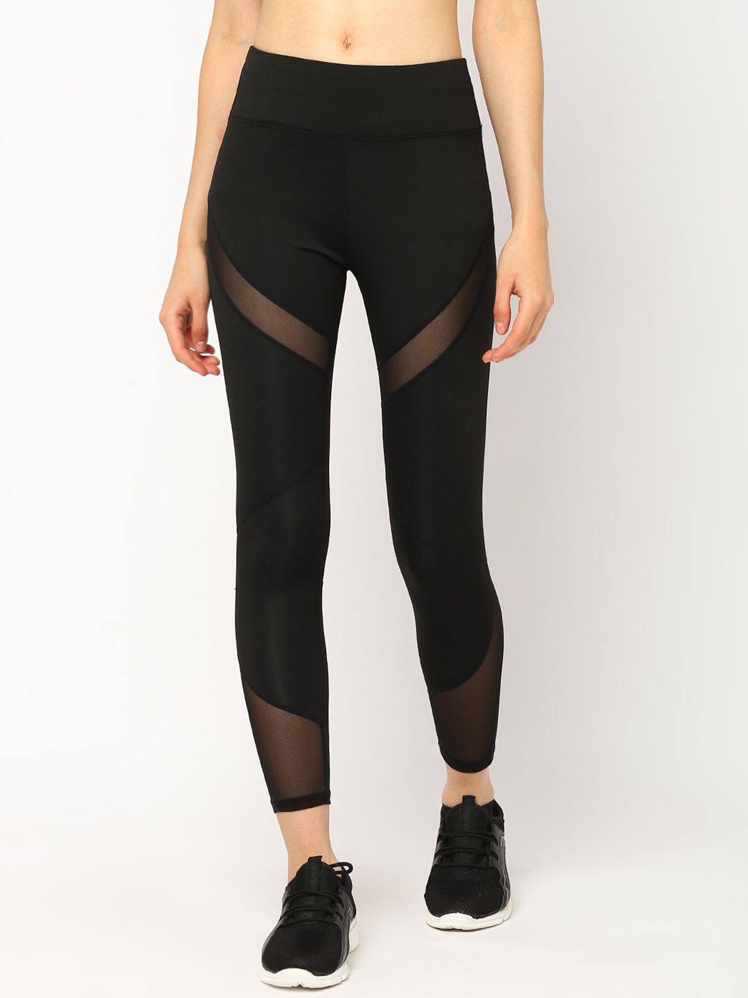 JerfSports Women Black Solid Tights With Mesh Detailing Price in India