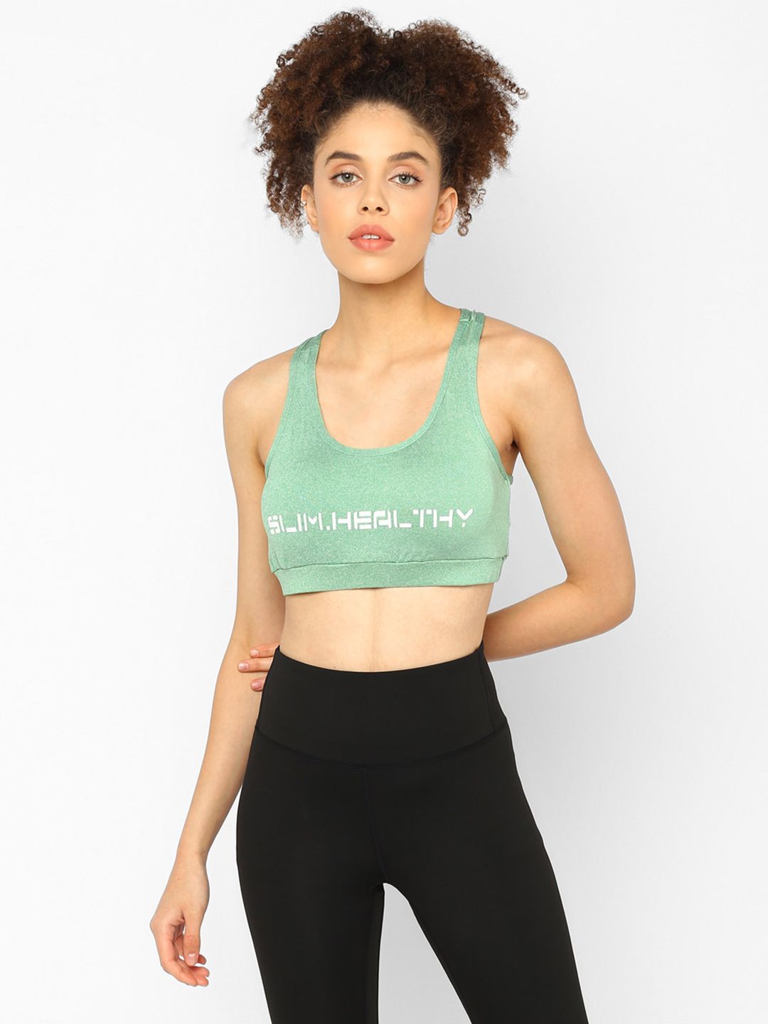 JerfSports Green Typography Sports Bra With Melange Effect Price in India