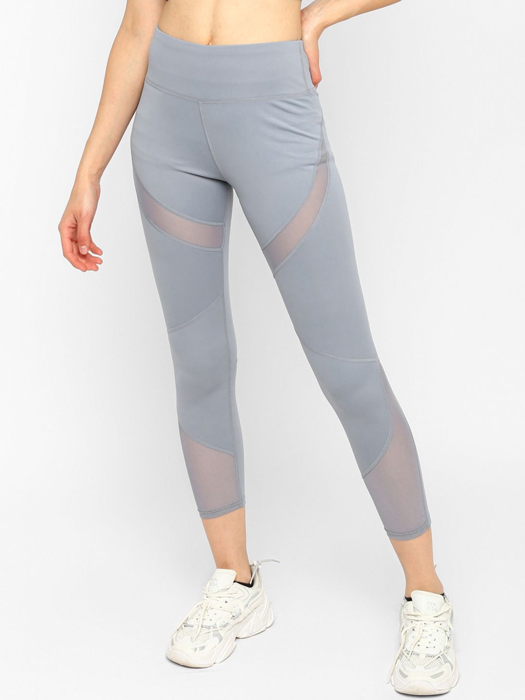 JerfSports Women Ice Blue Solid Tights With Mesh Detailing Price in India