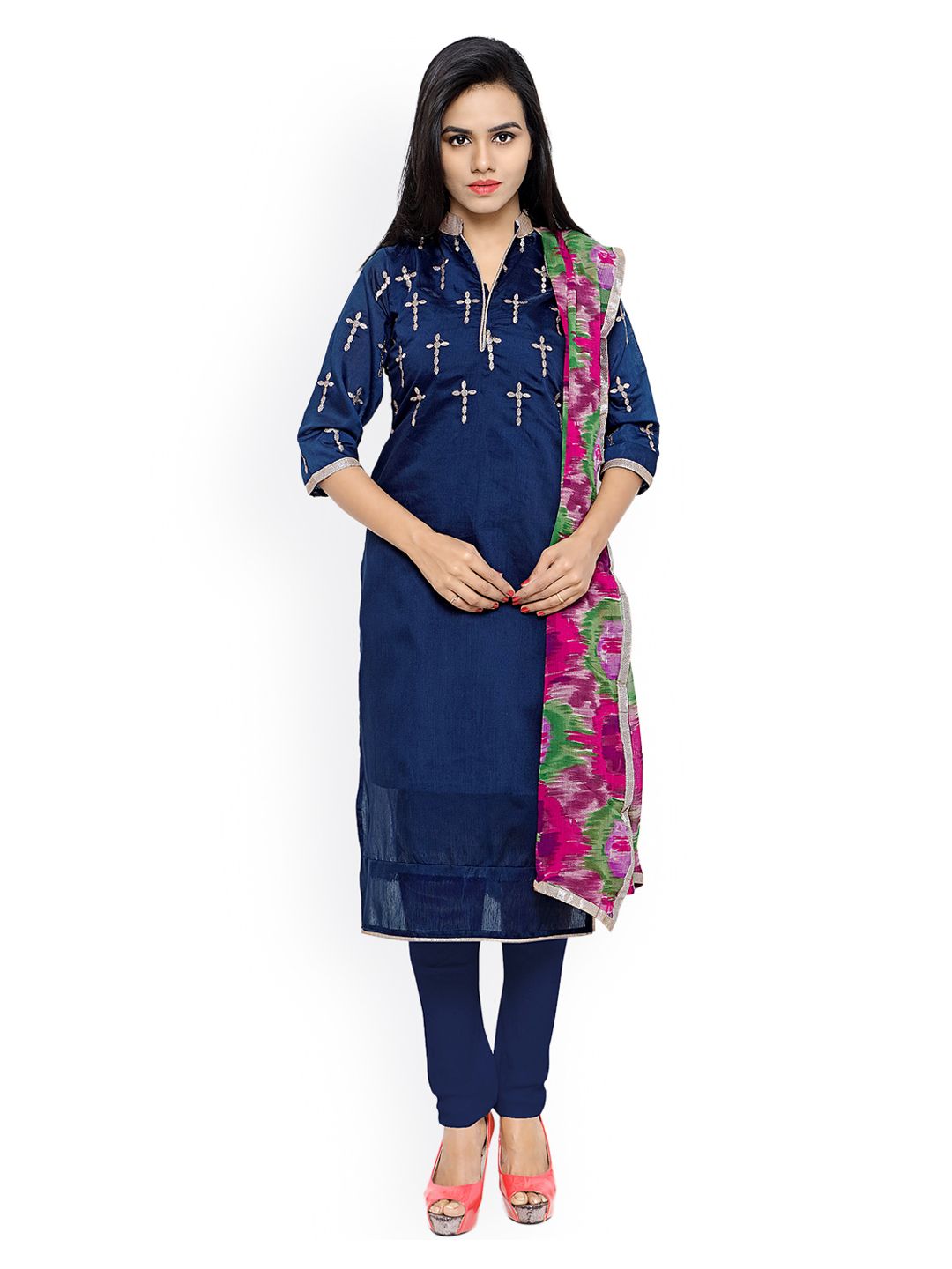 Saree mall Navy & Pink Embroidered Chanderi Cotton Unstitched Dress Material Price in India