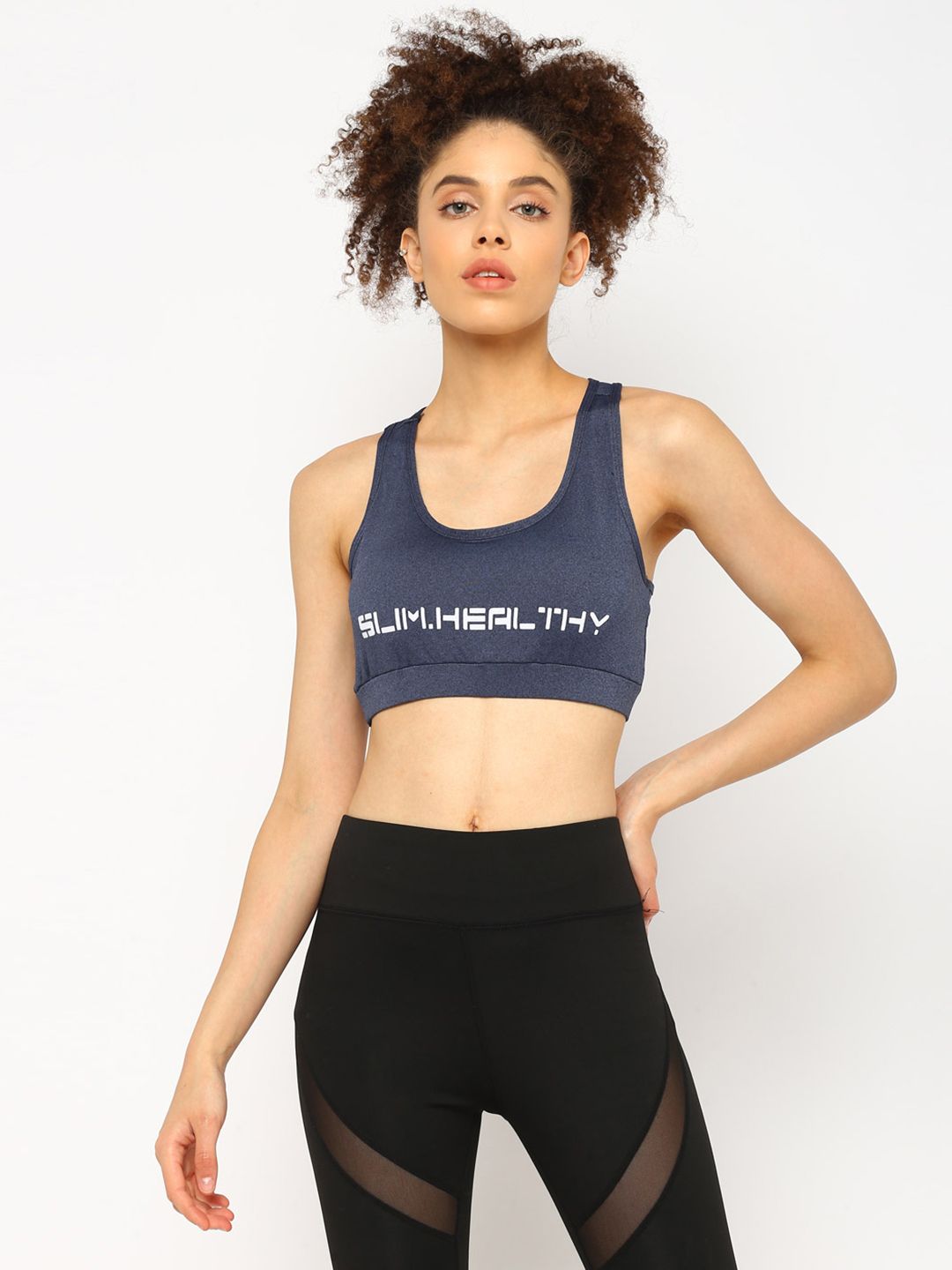 JerfSports Navy Blue Typography Sports Bra With Melange Effect Price in India