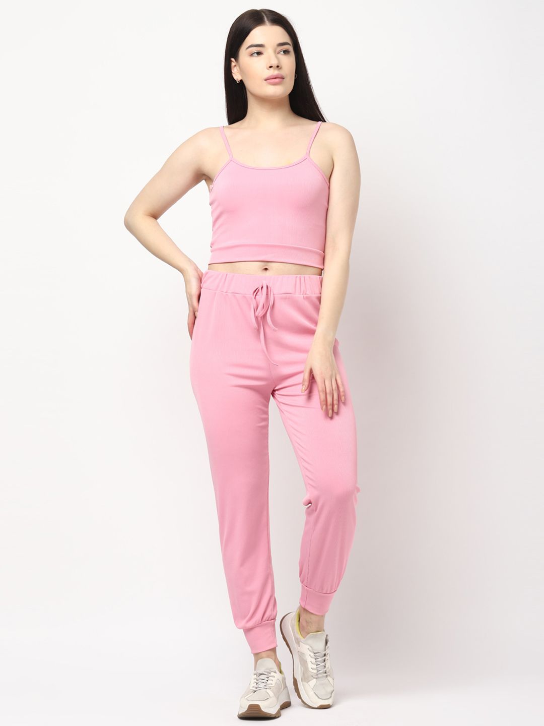 JerfSports Women Pink Ribbed Top with Joggers