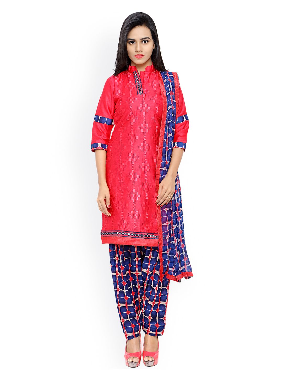 Saree mall Red & Blue Embroidered Glaze Cotton Unstitched Dress Material Price in India