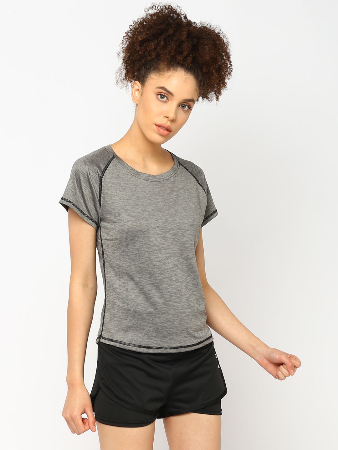 JerfSports Women Grey Melange & Black Solid T-Shirt with Shorts Price in India