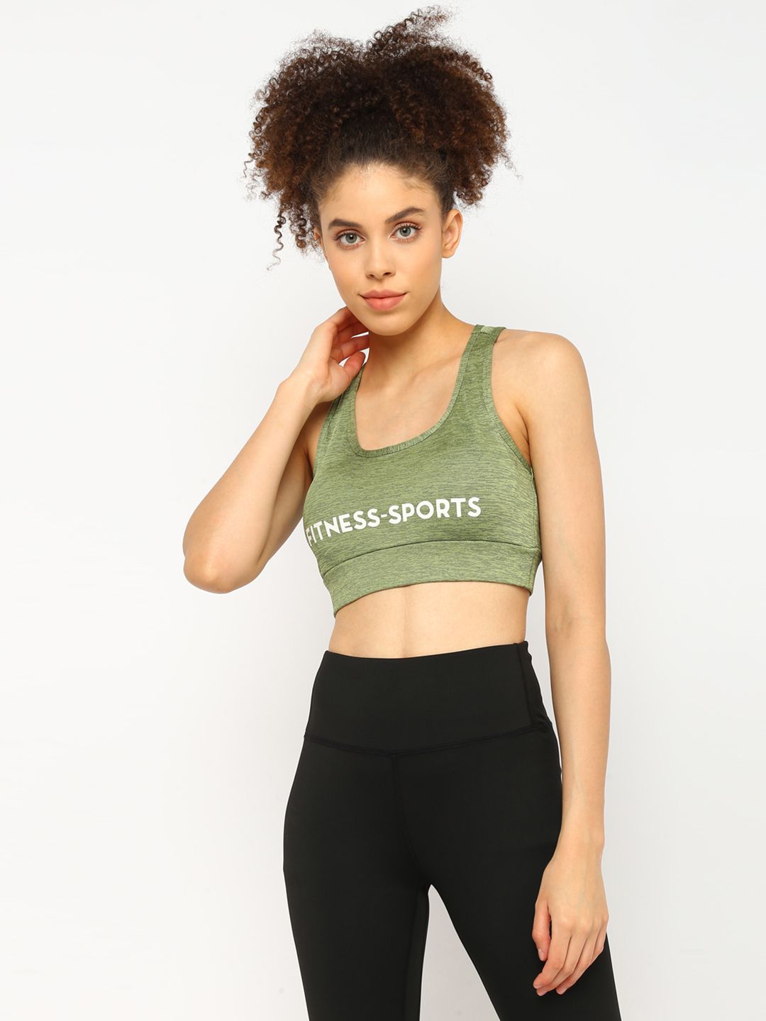 JerfSports Olive Green Typography Sports Bra With Melange Effect Price in India