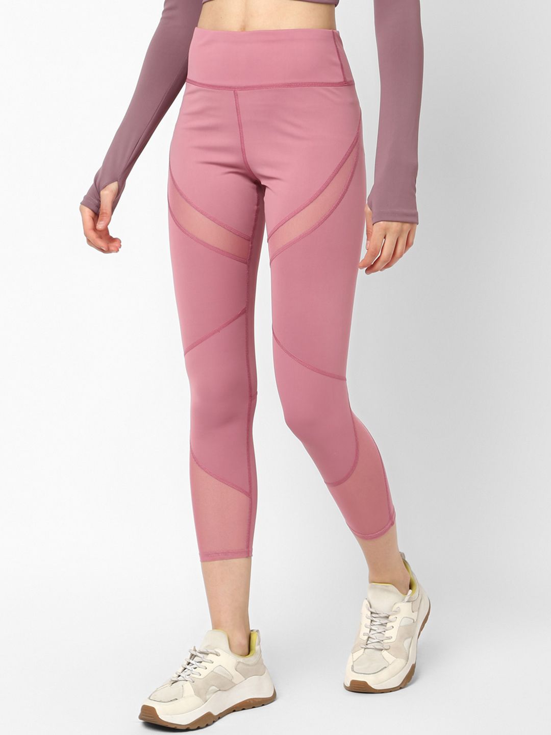 JerfSports Women Pink Solid Tights With Mesh Detailing Price in India