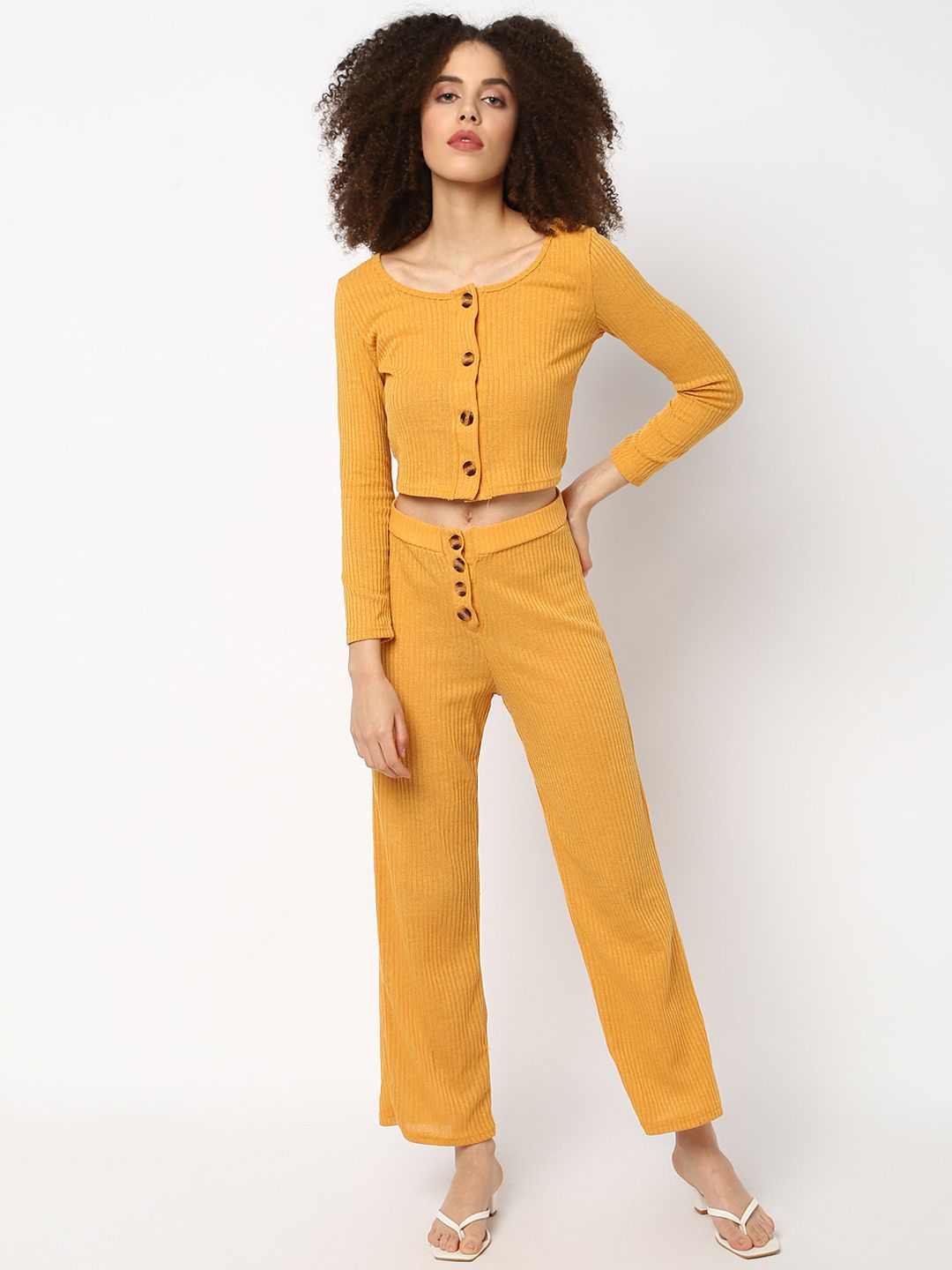 JerfSports Women Mustard Yellow Ribbed Co-Ord Set