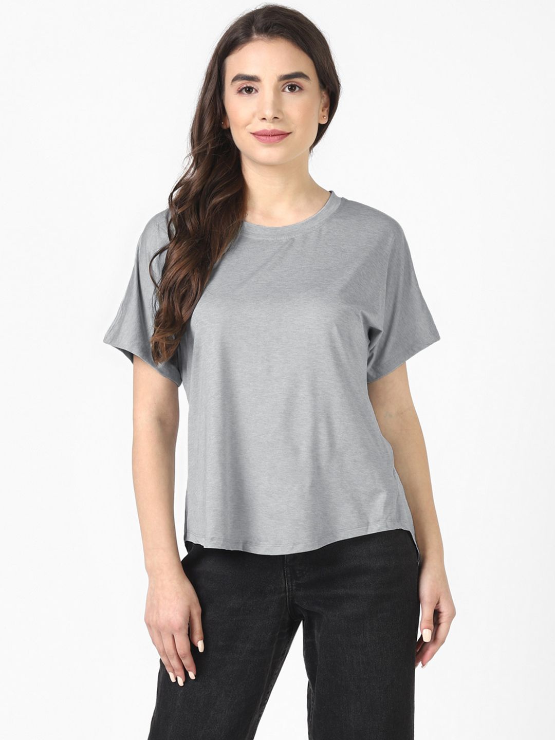 JerfSports Women Grey Melange Extended Sleeves Sports Tshirt with Cut-out Detail Price in India