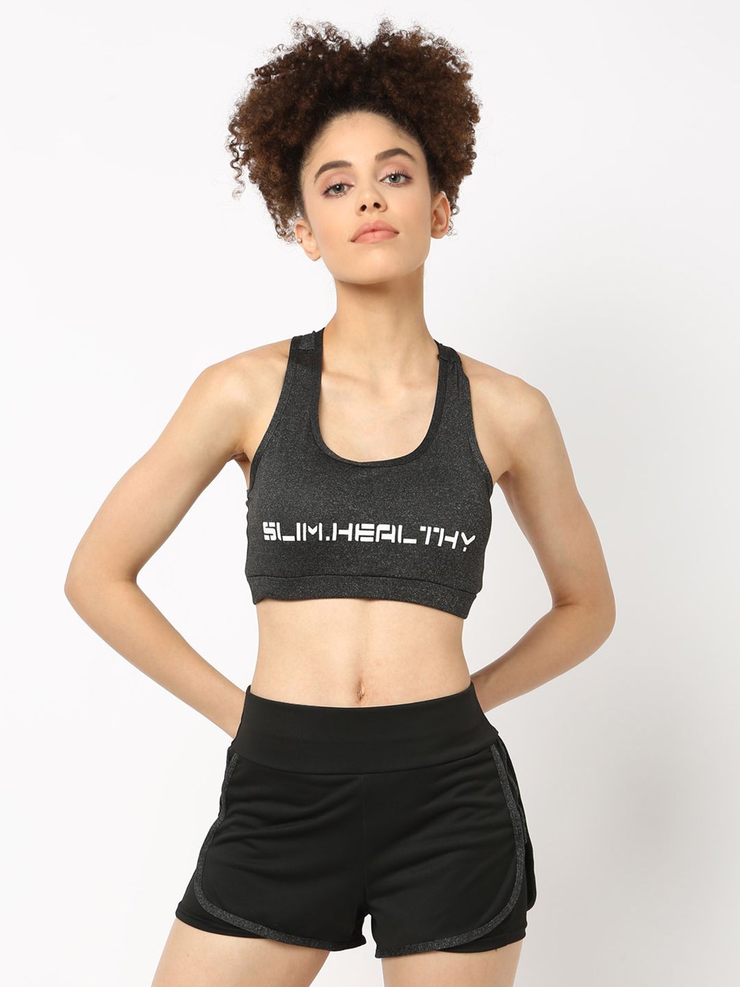 JerfSports Charcoal Grey Typography Sports Bra With Melange Effect Price in India